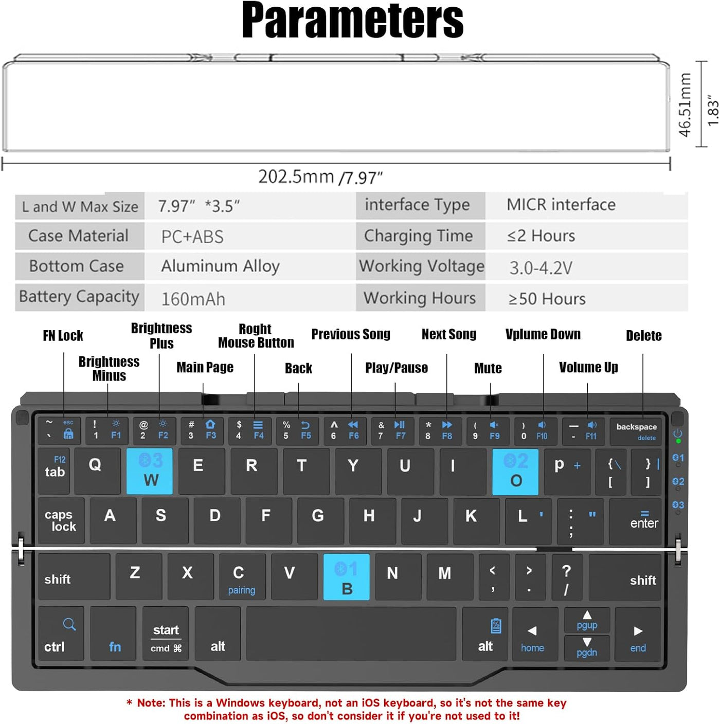 Bluetooth Foldable Keyboard for Phones and Tablets, Pc.(2 Year Manufacture Warranty)